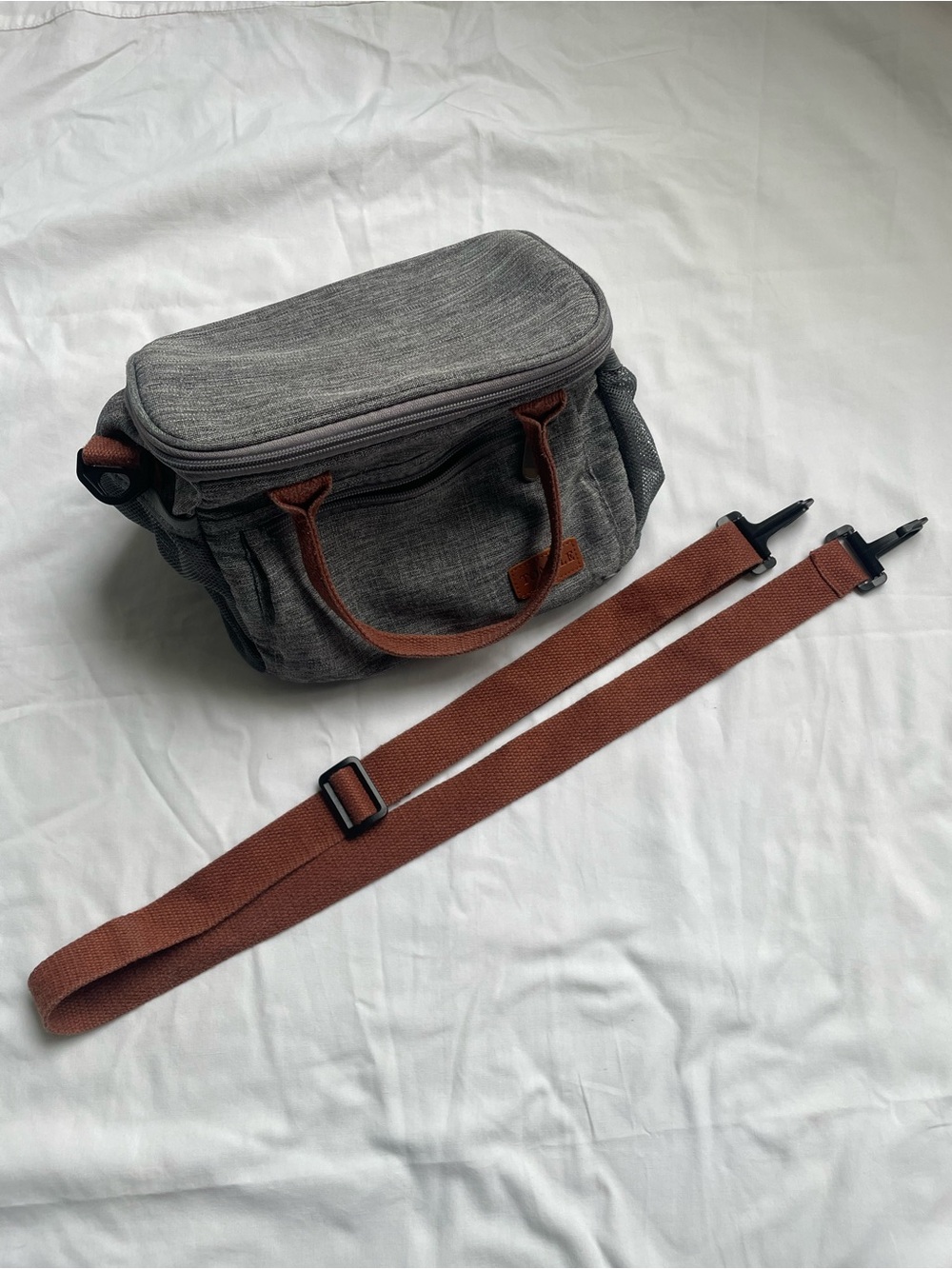 Gray Insulated Lunch bag Canvas Bag with Brown Trim - Tomule
